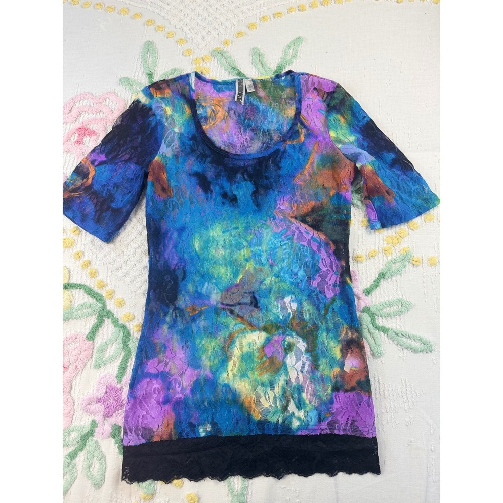 Bke Lace Overlay Tie Dye Short Sleeve Top Women M Blue Purple Orange Black